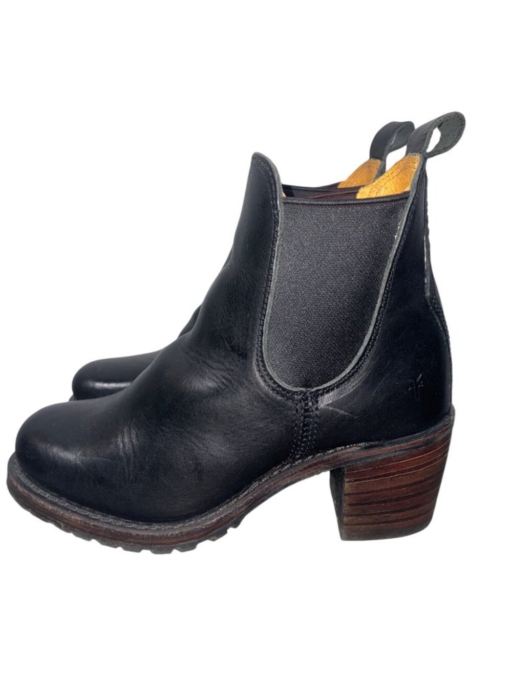 Frye Sabina chelsea boots black leather with brown stacked heels 7M vibram soles